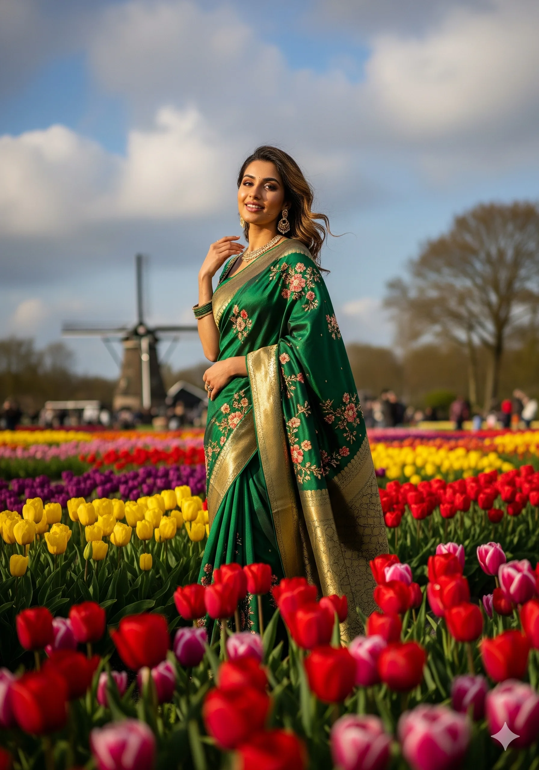 Emerald Green Floral Katan Silk Saree