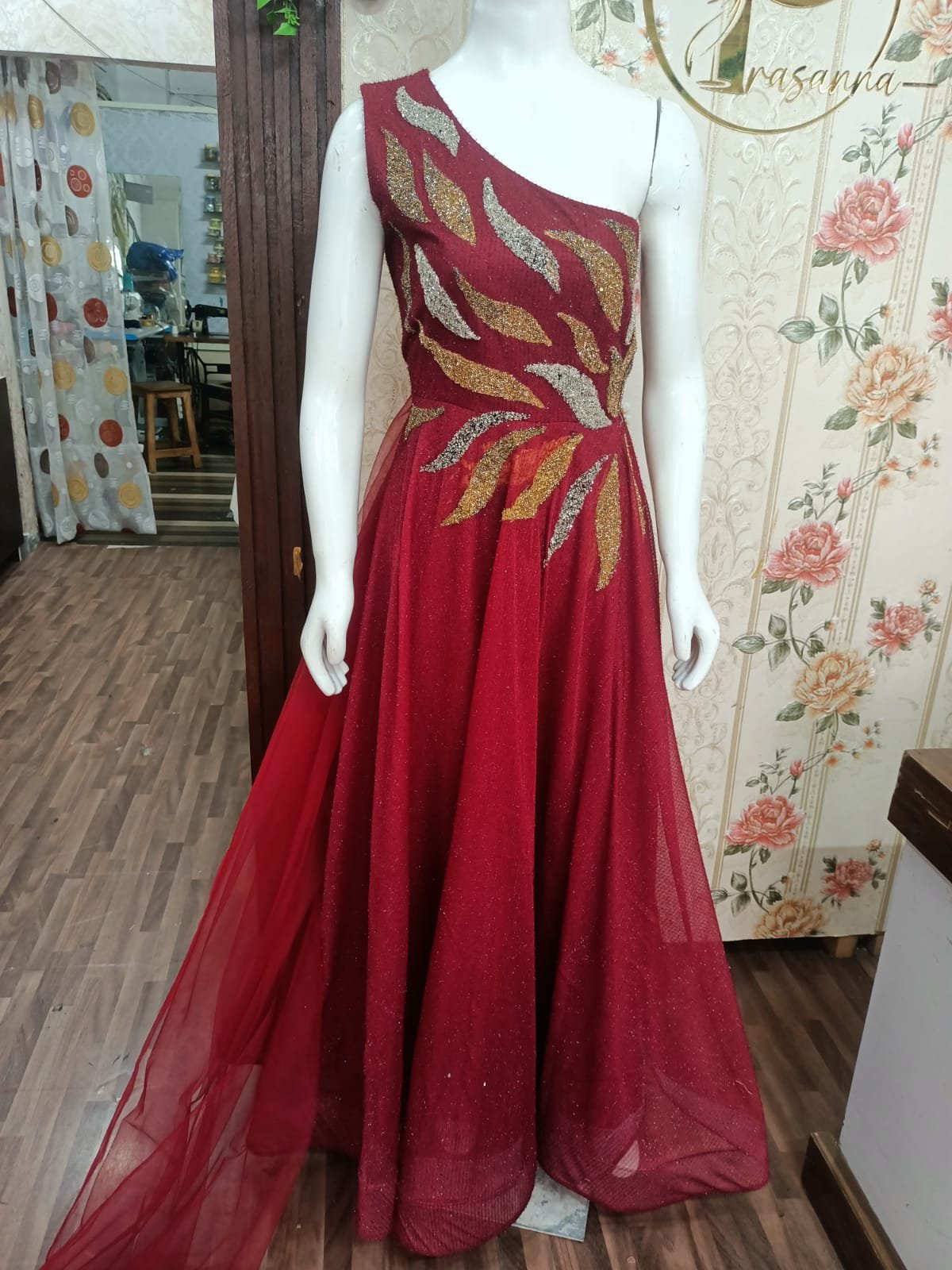 Elegant Red Embroidered Gown for Women